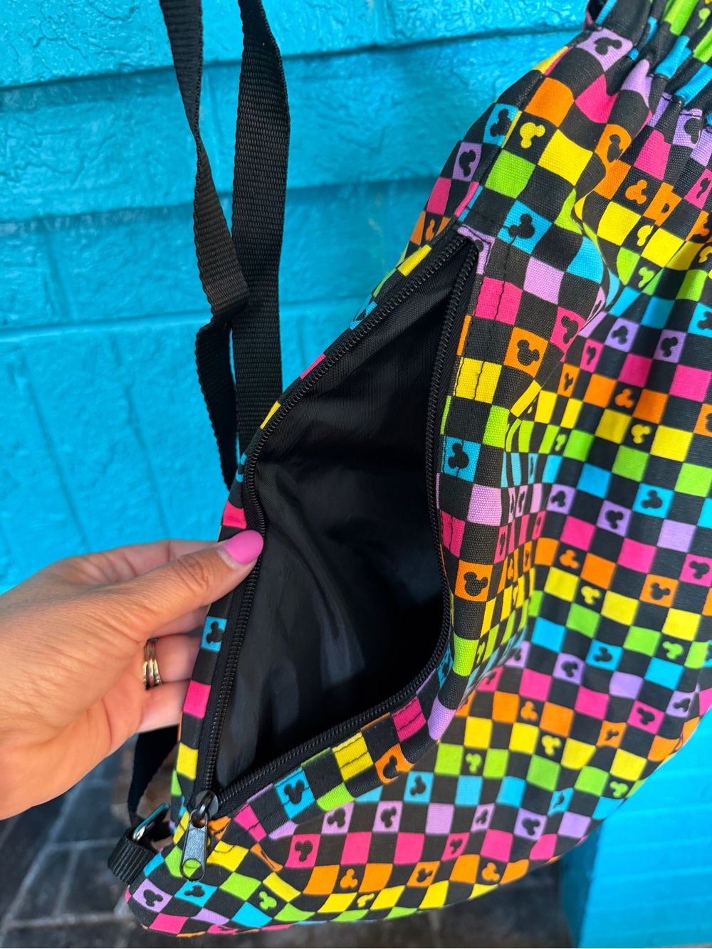 Disney Neon Checkerboard Drawstring Bag in Multi Colors - Picture 3 of 6